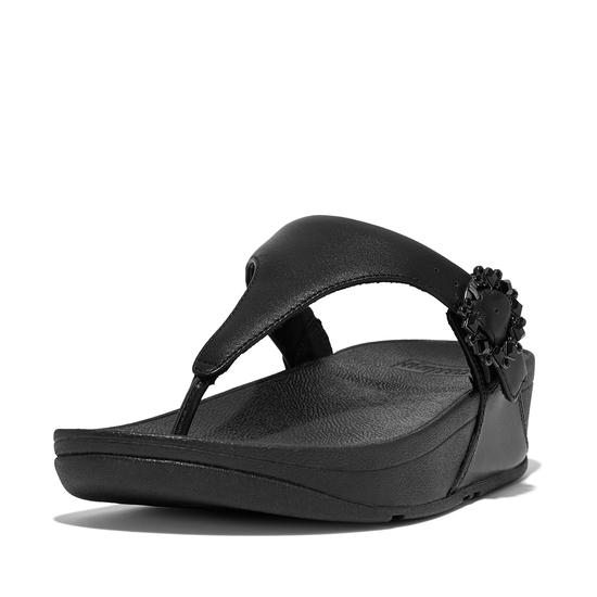 Lulu Crystal-Buckle Leather Toe-Post Sandals