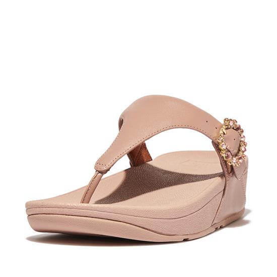 Lulu Crystal-Buckle Leather Toe-Post Sandals