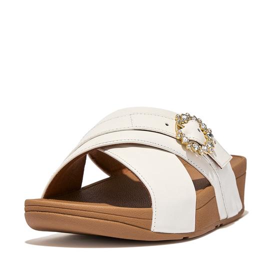 Lulu Crystal-Buckle Leather Cross Slides